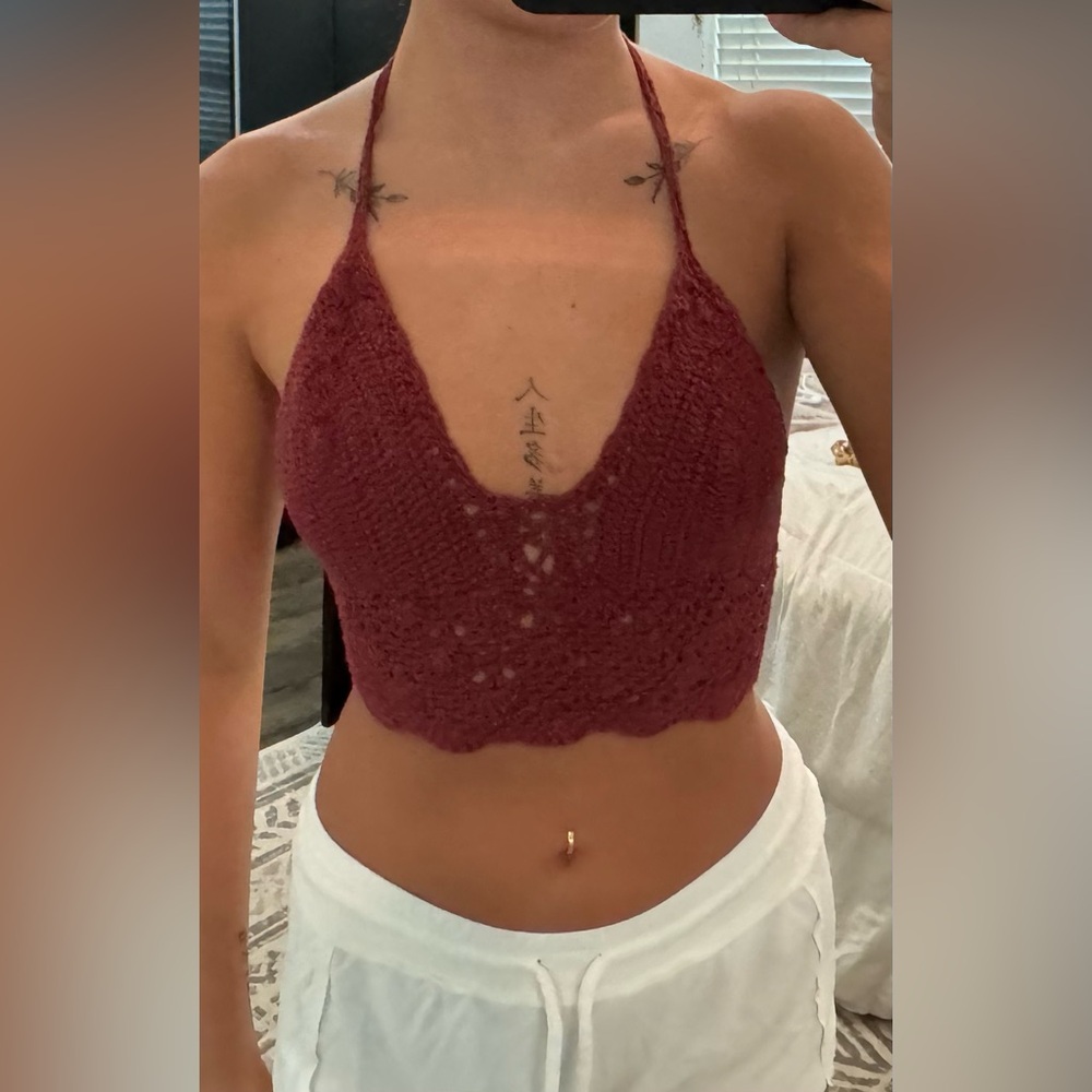 Maroon crochet tie top